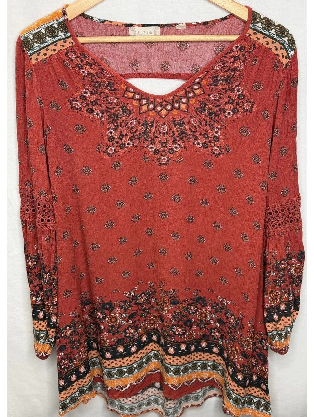 Altar’d State XS Rust Orange Boho Border Print Balloon Sleeve Tunic Dress